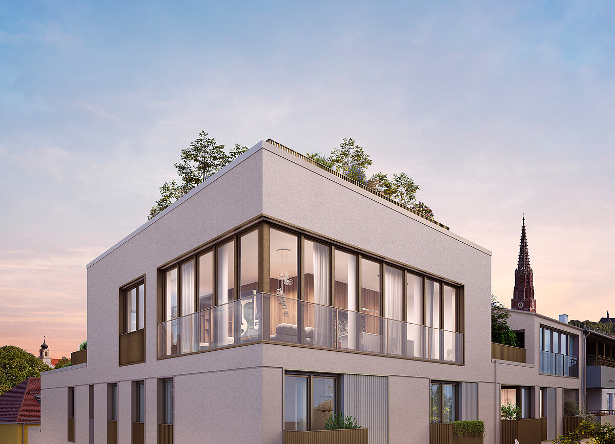Modernes Penthouse im Wohnprojekt L’ISAR in München mit großen Fensterfronten, Balkonen und begrünter Dachterrasse.